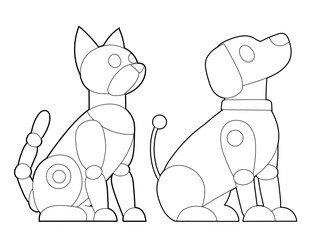 Vector set of contour mechanical pets cliparts. Collection of outline robot dog and robot cat. Animals of the future