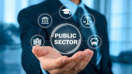 Public sector depicted in a visual interface with icons hovering over a hand, representing government, education, justice, and transportation in a technology-driven environment.