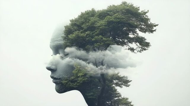 technology and nature for sustainable growth concept. A double exposure image of a human profile blending with a tree and clouds, symbolizing the connection between nature and the mind.