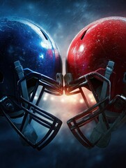 Red and Blue American Football Helmets Facing Off with Dramatic Smoke and Lighting in Background