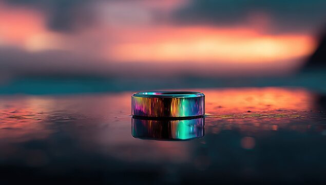 Iridescent ring rests on reflective surface, sunset backdrop