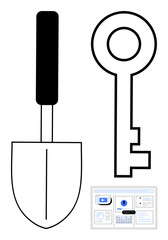 Trowel and key alongside a digital dashboard presenting data, representing utility, security, online tools, problem-solving, digital access, construction themes, and innovation in a simple flat