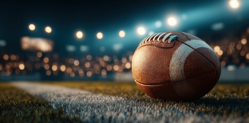 Close-Up of American Football on Stadium Field Under Bright Lights, Ready for Game Kickoff