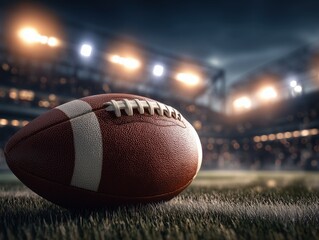 Close-Up of American Football on Stadium Field Under Bright Lights, Ready for Game Kickoff