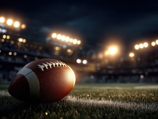 Close-Up of American Football on Stadium Field Under Bright Lights, Ready for Game Kickoff