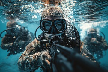 Soldiers training in underwater combat exercises with scuba gear in clear blue water