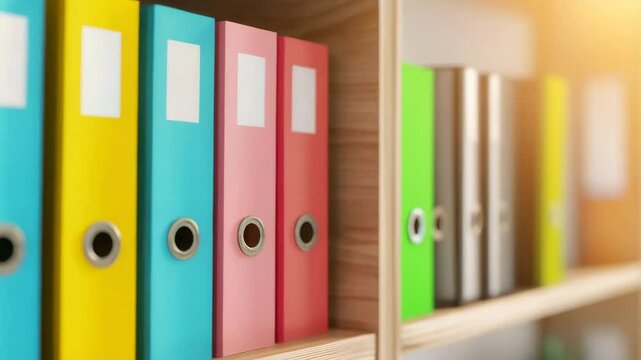 Colorful office binders and document folders neatly arranged on wooden shelves with sunlight creating warm, organized workspace and office organization atmosphere for efficient workspace management