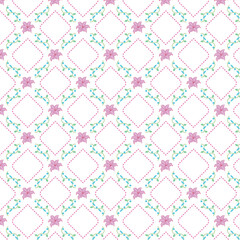 A seamless floral pattern featuring hand-drawn pink lilies and swirling green vines arranged in a soft diamond lattice design. Set against a clean white background