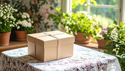Eco-Friendly Gift Box on Sunny Windowsill with Blooming Plants