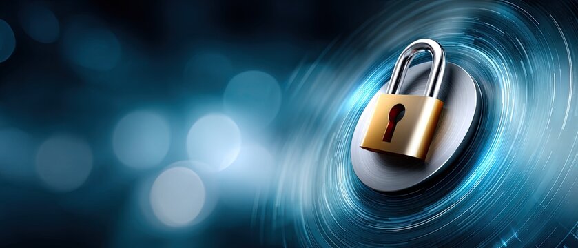 A golden padlock is centered on a swirling digital blue background, symbolizing cybersecurity, data protection, and online privacy. - Powered by Adobe