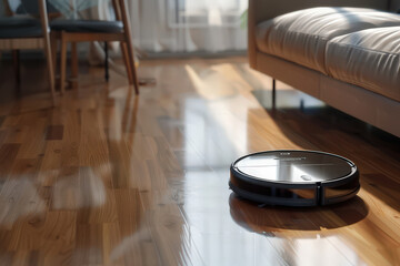 Robot vacuum cleaner gliding on wooden floor in sunny modern interior. Smart cleaning showing autonomous device in minimalist bright home.