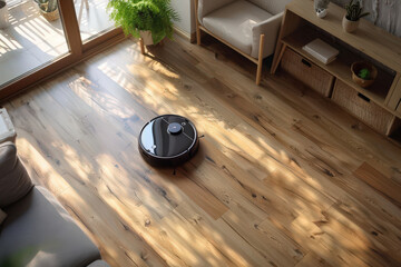 Robot vacuum cleaner gliding on wooden floor in sunny modern interior. Smart cleaning showing autonomous device in minimalist bright home.