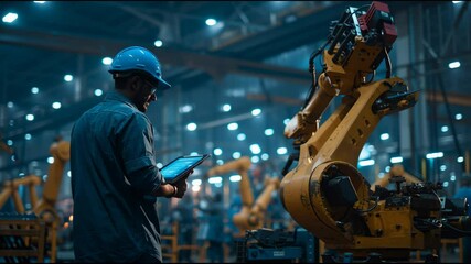 An operator monitors the performance of a robotic arm in a busy manufacturing plant. Utilizing a tablet, they track data and adjust settings as needed in this high-tech workspace - Powered by Adobe