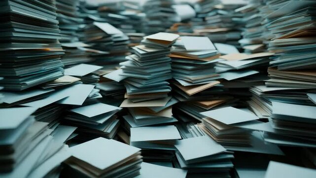 Overwhelming pile of paper sheets stacked high in messy, disorganized office workspace cluttered with documents creating chaotic, cluttered environment filled with disorganized paperwork