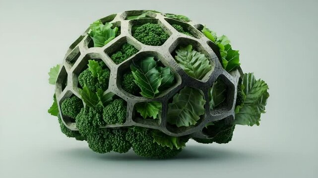 technology and nature for sustainable growth concept. A turtle-inspired shell made from green leaves and broccoli, blending nature with animal elements in a creative, surreal design.