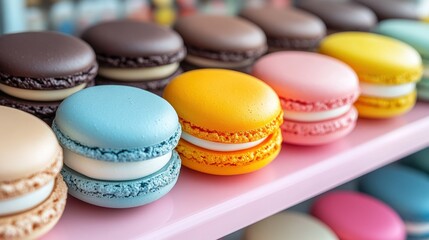 Colorful macarons in rows on a pink display