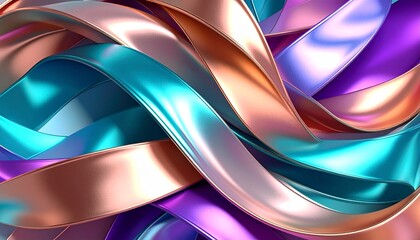 3D ribbon loops in bright metallic shades (rose gold, aqua, violet), twisting elegantly across the frame, luminous finish