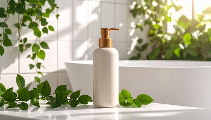 Luxurious Bathroom Essentials White Pump Bottle with Gold Accent Amidst Greenery