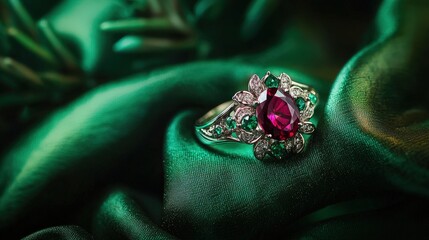 Jewelry with gemstones luxury silver ring with Alabandine Ruby on a emerald background