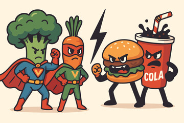 Superhero vegetables broccoli and carrot battling against fast food burger and soda, humorous concept