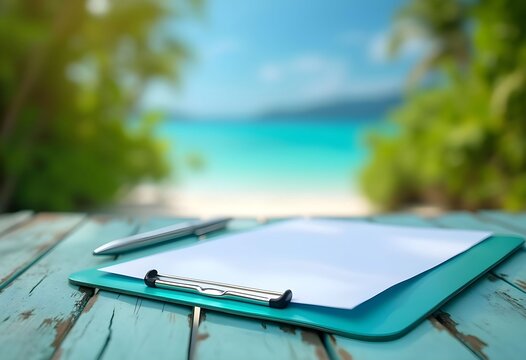 Beach office clipboard pen writing planning vacation travel summer workspace idea - Powered by Adobe