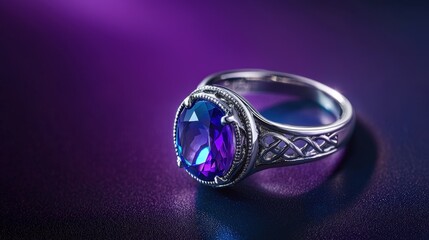 Jewelry with gemstones luxury silver ring with Amazon Stone on a dark violet background