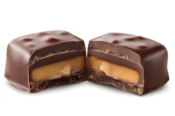Caramel-filled chocolates cut in half isolated on a transparent background, png