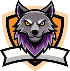 wild wolf head mascot logo framed by a white ribbo