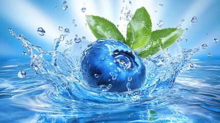 Blueberry splashing into water with frozen droplets. Ultra-realistic, vibrant blue background.