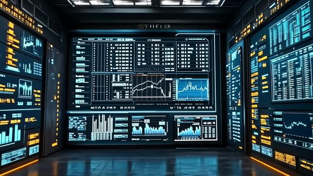 Futuristic Data Center Screens Displaying Stock Market Data - Powered by Adobe