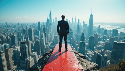 Businessman Standing on a Clifftop Overlooking a City Skyline