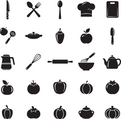 Black Silhouettes of Kitchen Utensils Fruits and Vegetables on White Background food