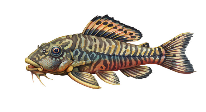 Vibrant Tiger Shovelnose Catfish Illustration - Aquatic Life Stock Image watercolor png, transparent isolated nackground