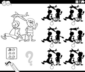 shadow puzzle acyivity with cartoon boys and toys coloring page