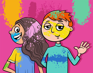 happy cartoon teen girl and boy on party with color powders