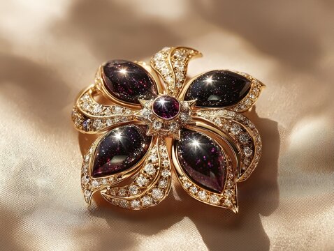 Jewelry with gemstones modern brooch with Star Diopside on a beige background