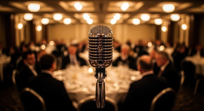 Silver microphone in focus with out of focus banquet dinner background