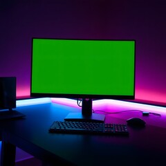 Immersive Gaming Setup: A modern gaming setup featuring a curved monitor displaying a vibrant green screen, complemented by a sleek keyboard, mouse, and ambient lighting creating a futuristic.