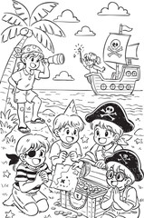 Coloring page kids pirates treasure island adventure
