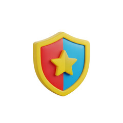 Bright 3D Rendered Graphic Illustration of a Stylized Shield Displaying a Bold Central Star Icon Perfect for Representing Protection Security Award Achievement or Game Design