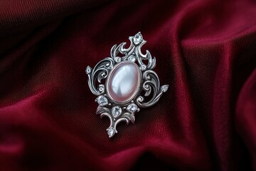 Fototapeta premium Jewelry with gemstones luxury silver brooch with Milky Quartz on a burgundy background