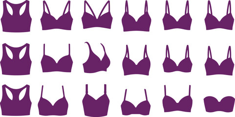 Purple Women's Swimsuit and Bikini Top Silhouettes: Diverse Styles for Fashion, Summer, Beachwear, Lingerie, and Clothing Design Assets.