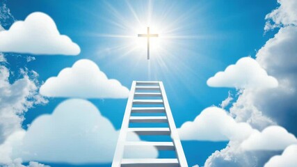Ladder ascending into bright sky with glowing cross and fluffy clouds symbolizing faith hope spiritual journey sunlight and religion toward heaven in peaceful blue atmosphere