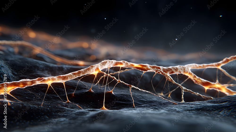 Poster glowing neural network: abstract close-up of a glowing neural network, resembling intricate branchin