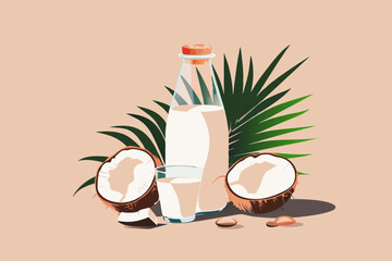 Vector illustration of coconut milk in a glass and bottle, split coconut, with palm leaves on a peach backdrop