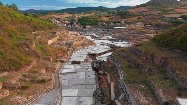 Aerial view of Anana Valley with ancient salt terraces, Basque Country, Spain