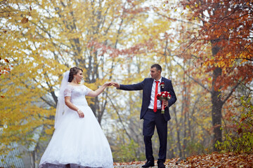 A bride and groom are walking through a forest, holding hands