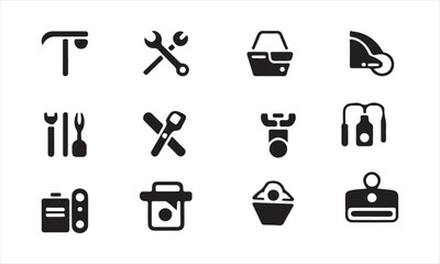A collection of black and white vector icons representing various everyday objects and tools vector art on white