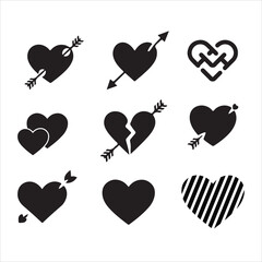 Collection of Heart Icons with Arrows, Broken Hearts, and Intricate Designs, various black silhouette heart icons, including whole hearts, broken hearts, and hearts with arrows vector art on white