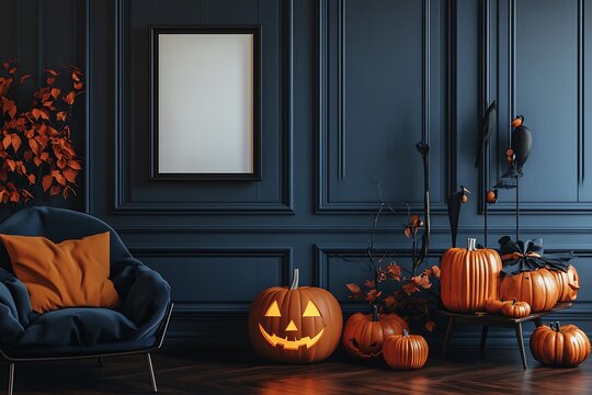 Festive Halloween display features pumpkins, crows, and autumnal colors against a stylish blue paneled wall for a warm, cozy holiday ambiance.